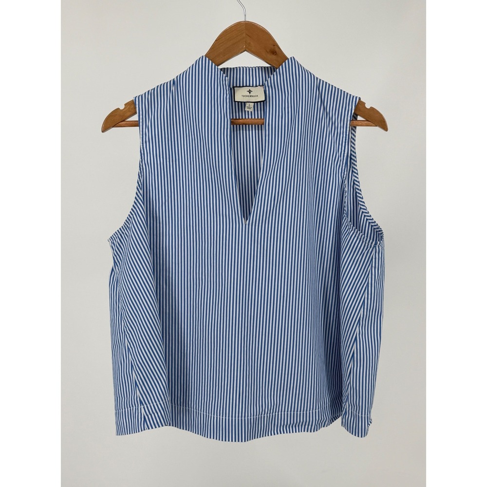 Tuckernuck Blue and White Striped Sleeveless V-Neck Blouse